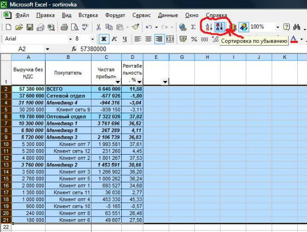 пример сортировки данных в эксель