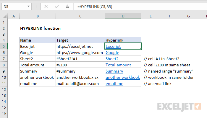 Функция HYPERLINK в Excel