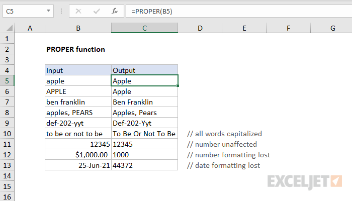 Функция PROPER в Excel