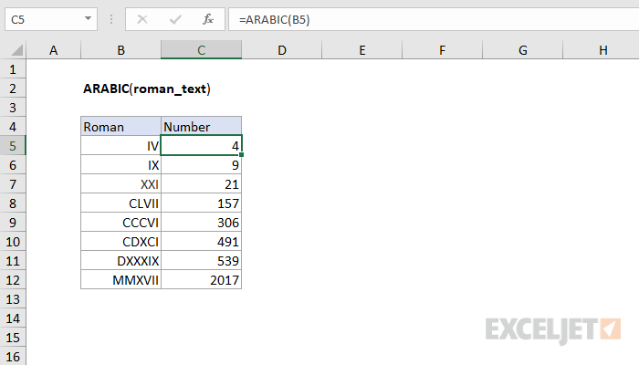 Функция ARABIC в Excel