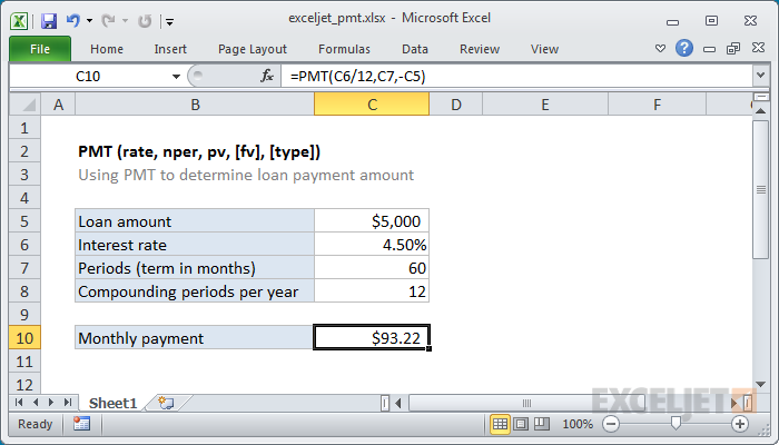 Функция PMT в Excel